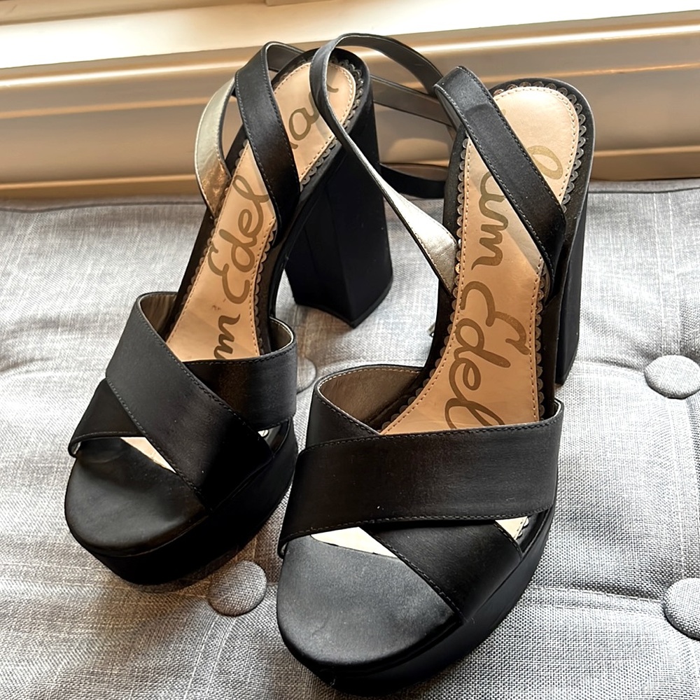 Sam Edelman satin platform heels with ankle wrap around